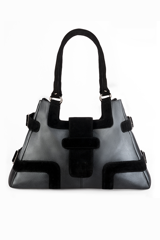 Matt black women's dress handbag, matching pumps and belts. Worn view - Florence KOOIJMAN